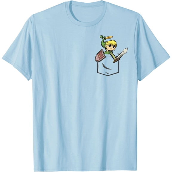 Legend of Zelda Cute Link (Graphic Pocket Only) DTG Print Unisex T-Shirt,Light Blue Color,Size YXS