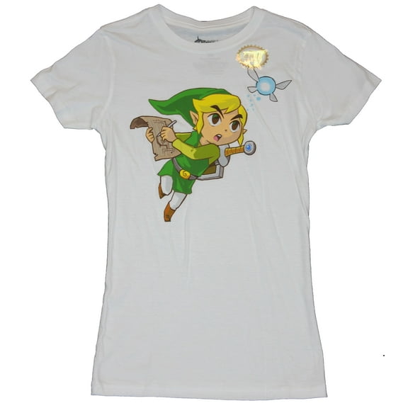 Legend of Zelda Girls Juniors T-Shirt - Phantom Hourglass Link with Fairy Ciela (X-Large)