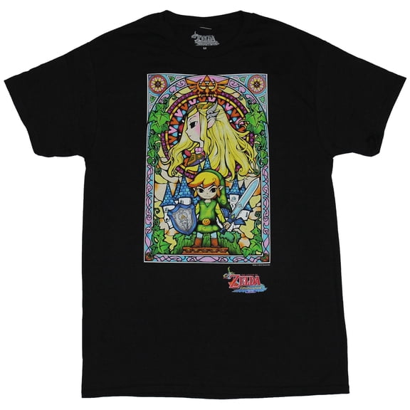 Legend of Zelda Nintendo Mens T-Shirt - Ornate Link Under Zelda Stained Glass