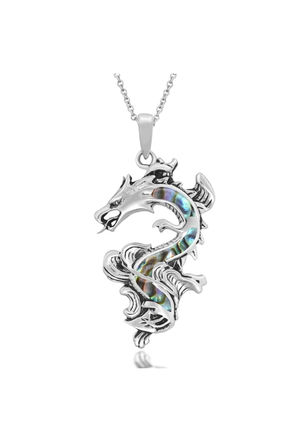 Legendary Chinese Dragon Abalone Shell Inlaid .925 Sterling Silver Pendant Necklace
