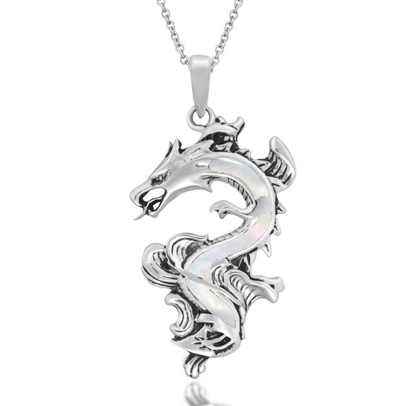Legendary Chinese Dragon Mother of Pearl Inlaid Sterling Silver Necklace