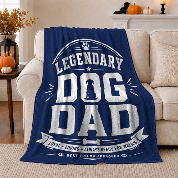 Legendary Dog Dad Vintage Lettering Dog Dad, Dramatic Pet Portrait Pattern, Warm Flannel Blanket for Living Room and Reading Nook, Dog Lovers Father's Day Gift, Pet Lover Home Decor