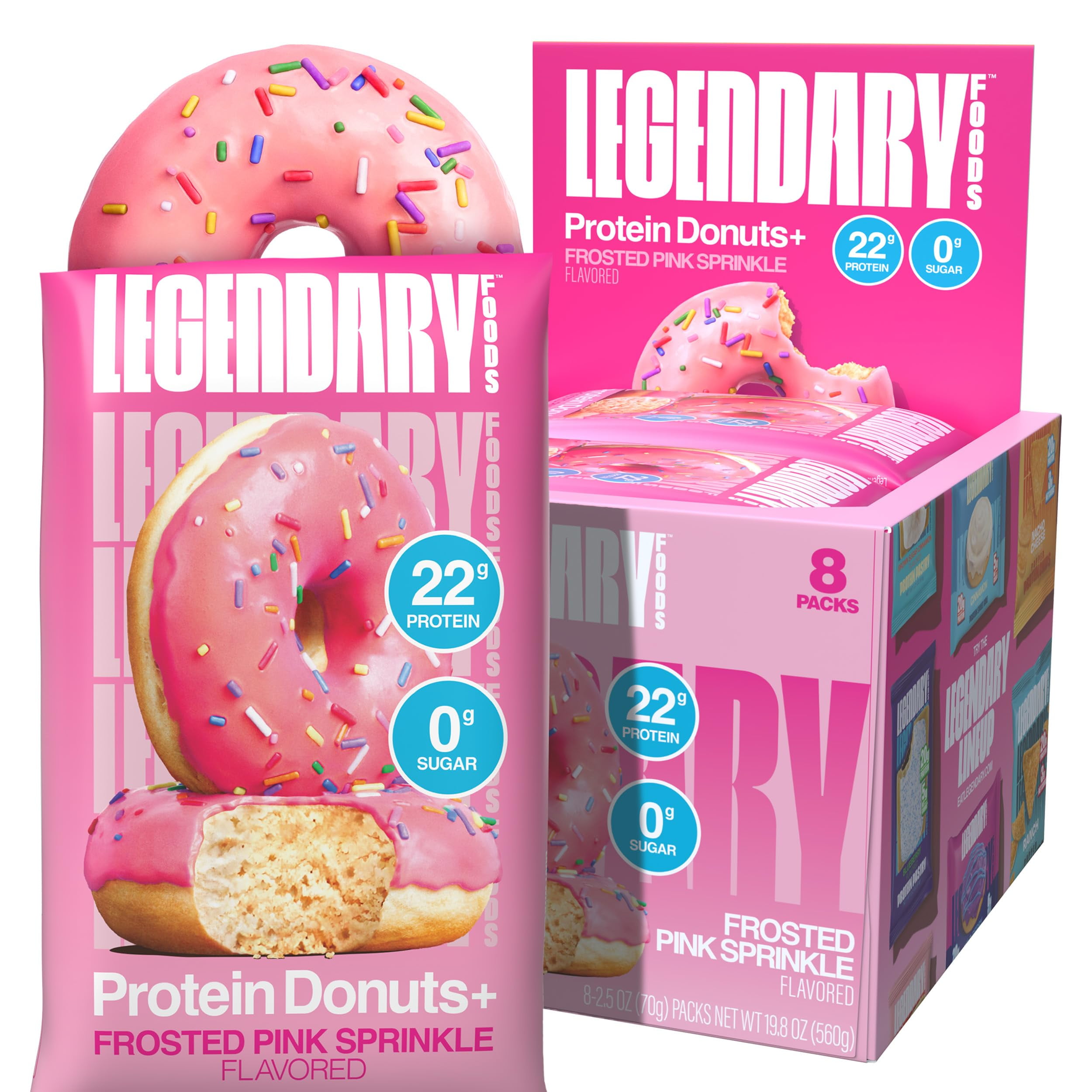 Legendary Foods 22gUMRTFrosted Pink Sprinkle Protein Donut - 8 per Pack) - High Protein, Zero Sugar, Gluten Free, Low Carb, Keto Friendly Snack - Healthy for GLP-1, Diabetic & Bariatric Diets