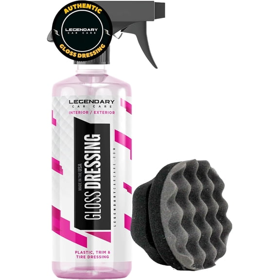 Legendary Gloss Dressing with Applicator 16oz - Tire Shine Spray & Plastic Restorer  Water Based & Non-Greasy Interior/Exterior Detailing Spray - Trim, Rubber, Vinyl & Plastic Restorer for Cars