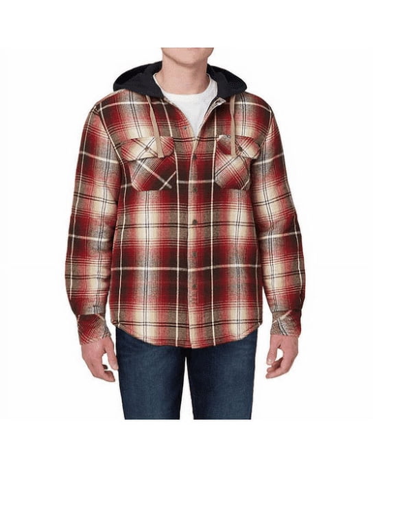 Legendary Outfitters Mens Quilted Fleece Hooded Shirt Jacket, Red XL