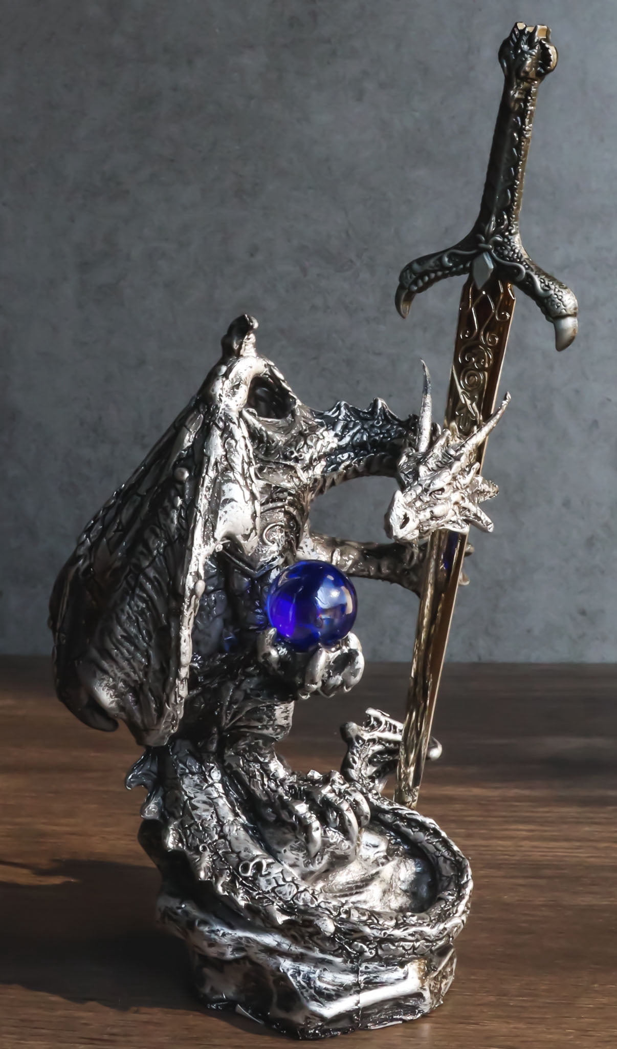 Legendary Silver Legendary Silver Sorcerer Dragon Carrying Orb and Sword Letter Opener ...