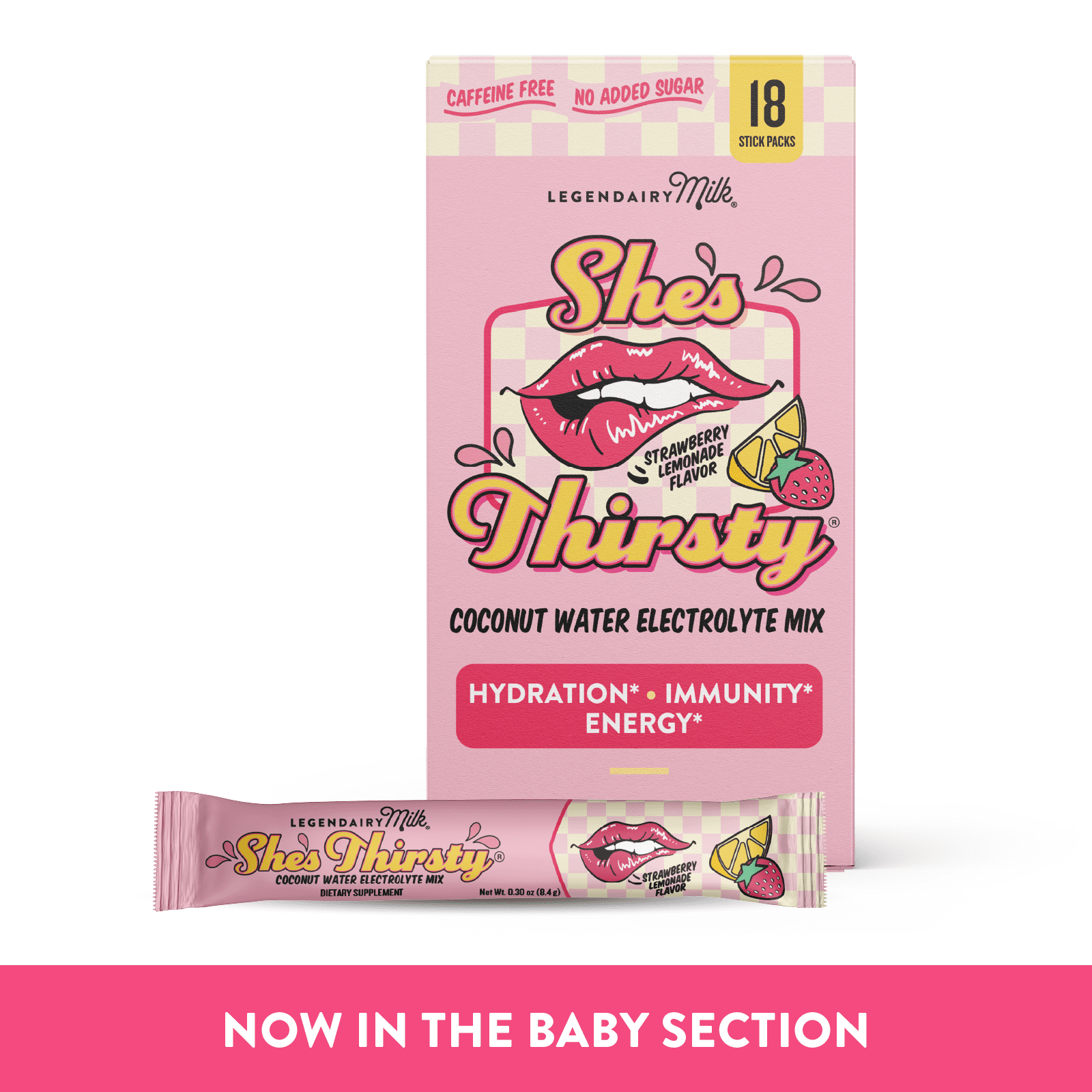 Legendairy Milk She's Thirsty Coconut Water Electrolyte Mix, Strawberry Lemonade, 0.3 oz, 18 Count