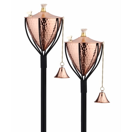 Legends Direct Set of 2, Amsterdam Premium Metal Patio Torches, 54" Tall- Tiki Style /w Snuffer, Fiberglass Wick & Large 32oz Oil Lamp for Deck, Patio, Lawn, Garden, Luau (Hammered Copper)