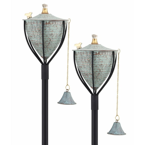 Legends Direct Set of 2 Amsterdam Premium Metal Torches, 54" Tall- Tiki Style /w Snuffer, Fiberglass Wick & Large 32oz Oil Lamp, Stylish Luau Flame Torches (Hammered Patina)