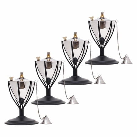 Legends Direct Set of 4, Premium Amsterdam Metal Tabletop Torches, Tall- Tiki Style /w Snuffer, Fiberglass Wick & Large 32oz Oil Lamp , Stylish Luau Flame Torches (Smooth Nickel)