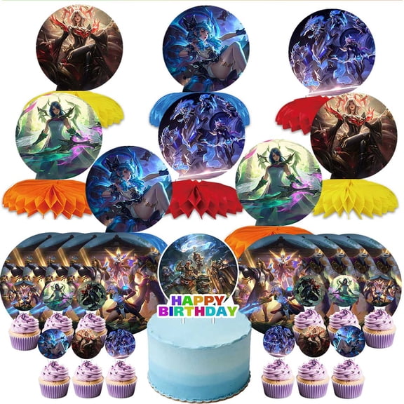 Legends LOL Leaguee Game Party Supplies Decor Plates Fans Decorations Honeycomb Centerpieces Cake Toppers
