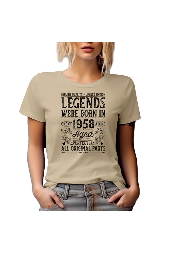 Legends Were Born in 1958, Aged Perfectly, Birthday Year or Bday Celebrant Themed, Tan T-Shirt, Medium