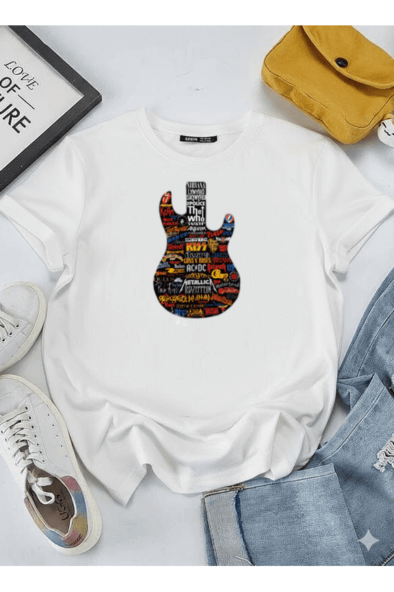 Legends of Rock Band Logo Colorful Retro Neon Guitar Collage Unisex T-Shirt, S-5XL