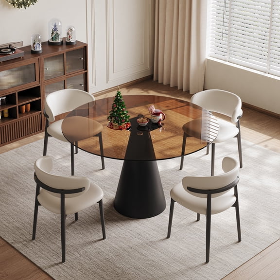 Legendstone 35" Round Glass Dining Table Set of 4, Includes 4 Black Chairs, Tempered Glass Top with Sturdy Carbon Steel Legs, Space Saving for Kitchen, Small Dining Room, Apartment, Dark Brown