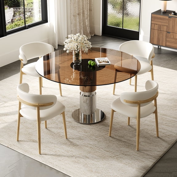 Legendstone 35" Round Glass Dining Table Set of 4, Includes 4 Natural Walnut Chairs, Tempered Glass Top with Stainless Steel Legs, Space Saving for Kitchen, Small Dining Room, Apartment, Dark Brown