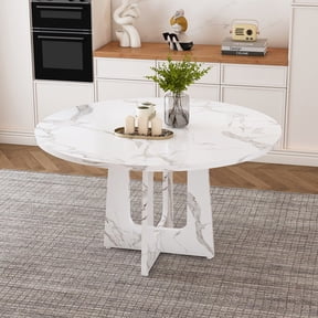 Legendstone 47" Farmhouse Rounded Dining Table for 4 People,Modern Spiced Wood Circle Table with Wood Grain Finish, for Dining Room, Kitchen, Living Room,White