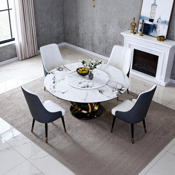 Legendstone 5 Piece Modern Dining Table Set of 4, Round 59" D Faux Marble Dining Table with Lazy Susan, Sintered Stone Top and 3 Circles Stainless Steel Base Dining Room Table with 4 High-Back Chairs