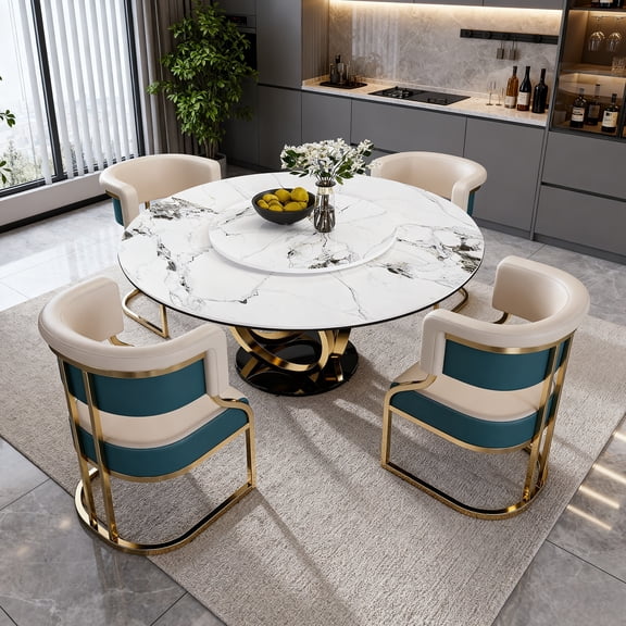 Legendstone 5 Piece Modern Dining Table Set, Round 59" D Faux Marble Dining Table with Lazy Susan, Sintered Stone Top and 3 Circles Stainless Steel Base Dining Room Table with 4 Gold Plated Chairs