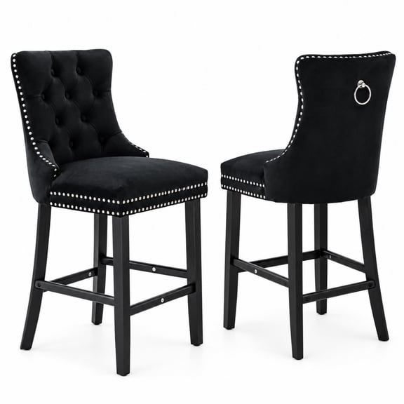 Legendstone Velvet Upholstered Bar Stools Set of 2, Button Tufted Bar Chairs with Nailhead Trim, Wooden Legs, Kitchen Island & Dining Counter Stools, Black