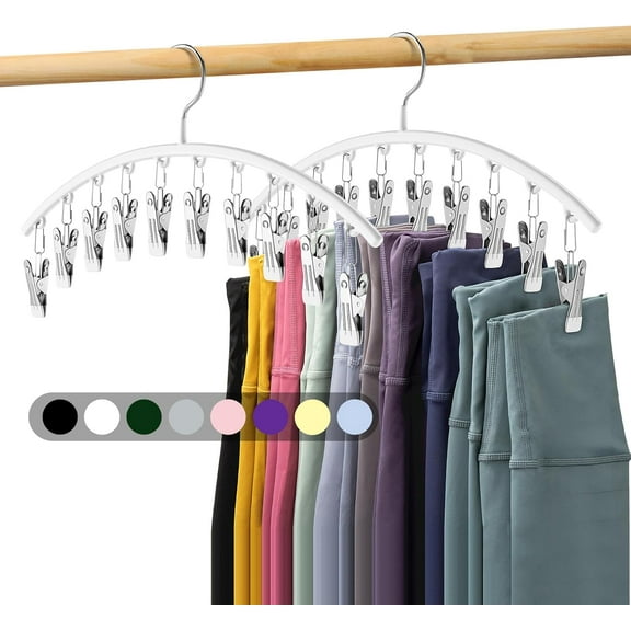Legging Organizer for Closet, Metal Yoga Pants Hangers 2 Pack w/10 Clips Holds 20 Leggings, Space Saving Hanging Closet Organizer w/Rubber Coated Closet Organizers and Storage, White