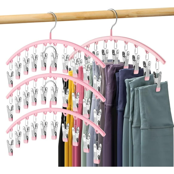 Legging Organizer for Closet, Metal Yoga Pants Hangers 4 Pack w/10 Clips Holds 40 Leggings, Space Saving Hanging Closet Organizer w/Rubber Coated Closet Organizers and Storage, Pink