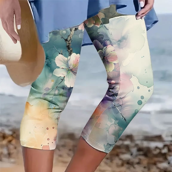 Leggings under $5! Cagogo Womens Summer Capri Leggings Floral Print Elastic Waist Lounge Capri Leggings Workout Athletic Running Plus Size Soft Stretchy Knee Length Casual Summer Yoga Pants