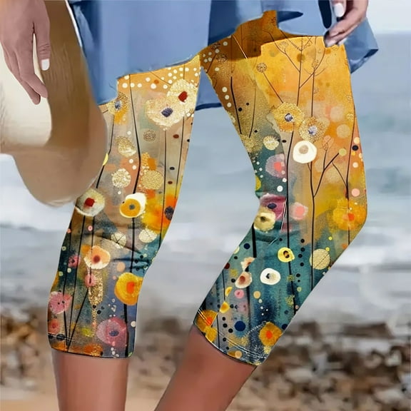 Leggings under $5! Cagogo Womens Summer Capri Leggings Floral Print Elastic Waist Plus Size Cropped Pants Workout Athletic Running Casual Summer Soft Stretchy Knee Length Lounge Capri Leggings