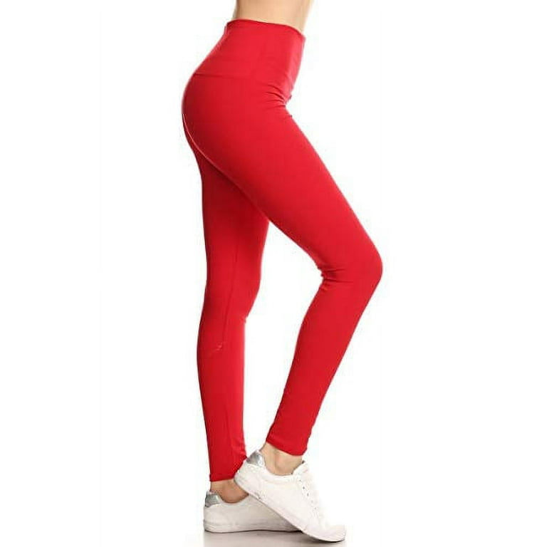 Leggings Depot-LY5R128-RED-N 5 Waistband Yoga Solid Leggings, One Size 
