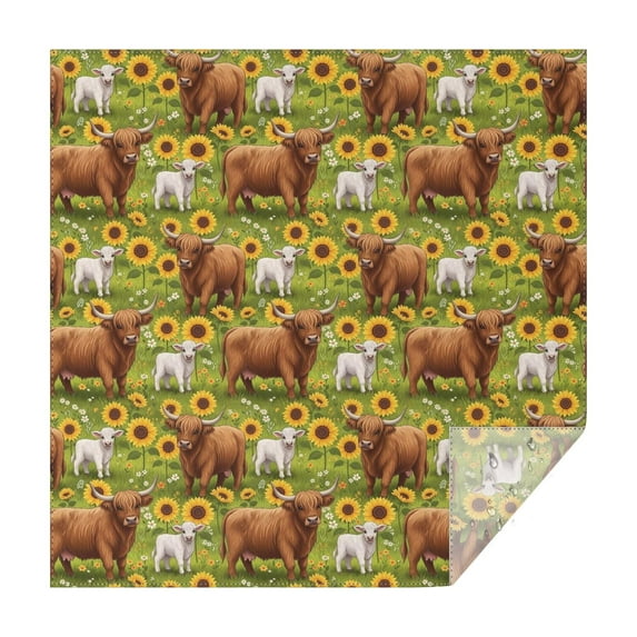 Green Highland Cow Sunflower Field Pattern Square Tablecloth,Waterproof Square Table Cover,Wipeable Spillproof Washable Table Cover for Home Kitchen Party Decor 42"X42"(107x107cm)