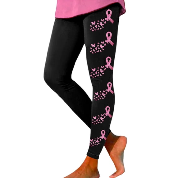 Leggings For Women Pink Ribbon Butterfly Print Breast Cancer Awareness 4-Way Stretch Casual Tummy Control Leggings