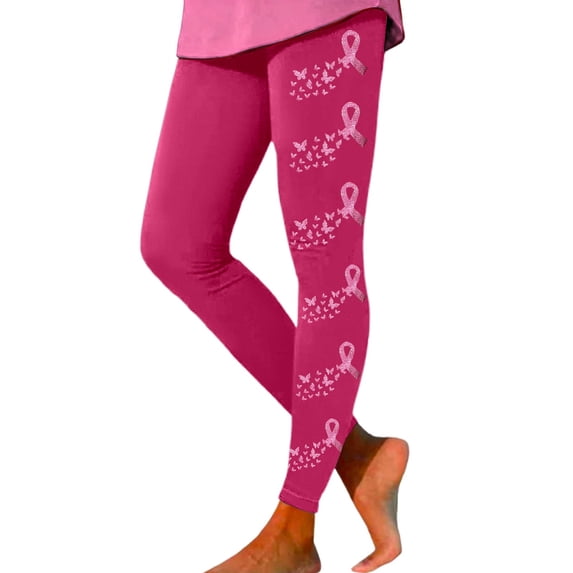 Leggings For Women Pink Ribbon Butterfly Print Breast Cancer Awareness 4-Way Stretch Casual Tummy Control Leggings