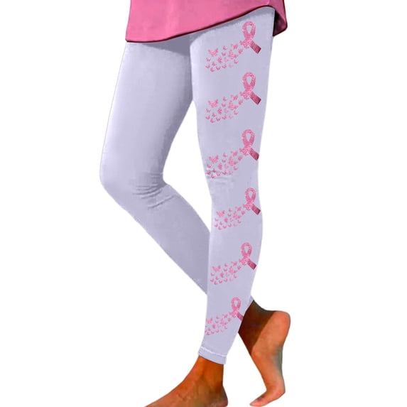 Leggings For Women Pink Ribbon Butterfly Print Breast Cancer Awareness 4-Way Stretch Casual Tummy Control Leggings
