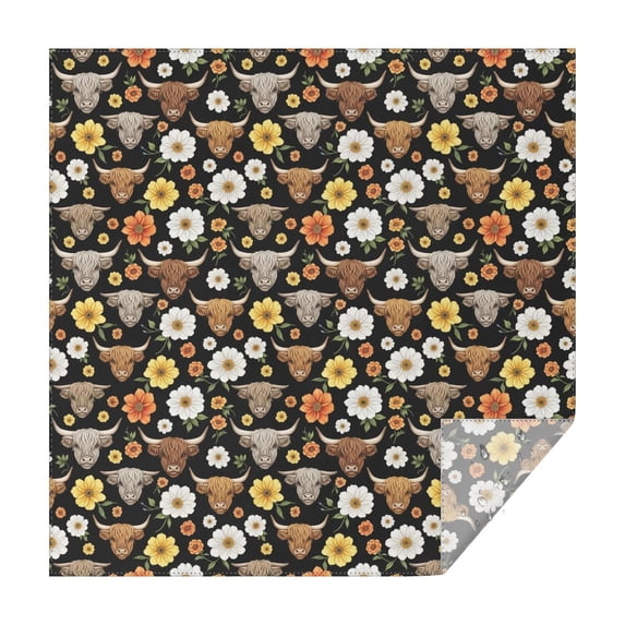 Black Highland Cow Flower Pattern Square Tablecloth,Waterproof Square Table Cover,Wipeable Spillproof Washable Table Cover for Home Kitchen Party Decor 42"X42"(107x107cm)