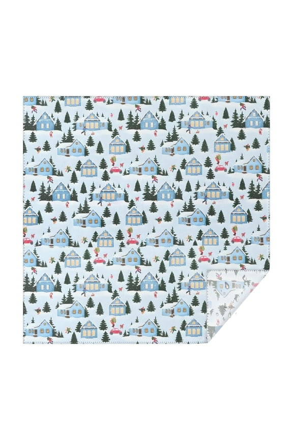 Light Blue Christmas House and Tree Pattern Square Tablecloth,Waterproof Square Table Cover,Wipeable Spillproof Washable Table Cover for Home Kitchen Party Decor 42"X42"(107x107cm)