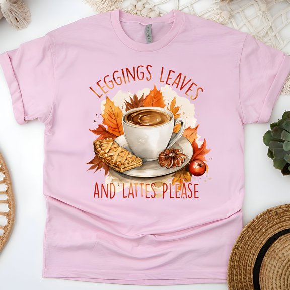 Leggings Leaves and Lattes Please T-Shirt | Cozy Fall Coffee Graphic Tee for Women, Light Pink, Size 2XL
