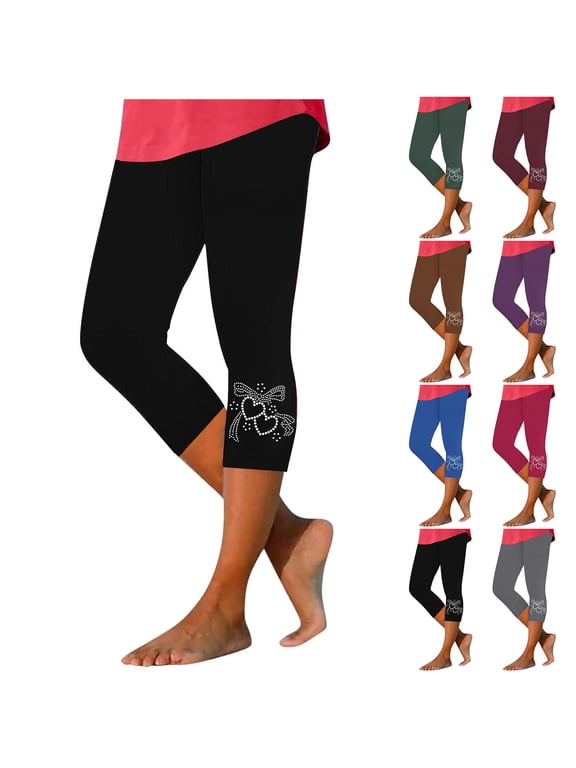 Leggings Pants for Womens Solid 3/4 Length Yoga Pants High Waisted Stretchy Slim Fitting Pants Summer Lightweight Gym Pants