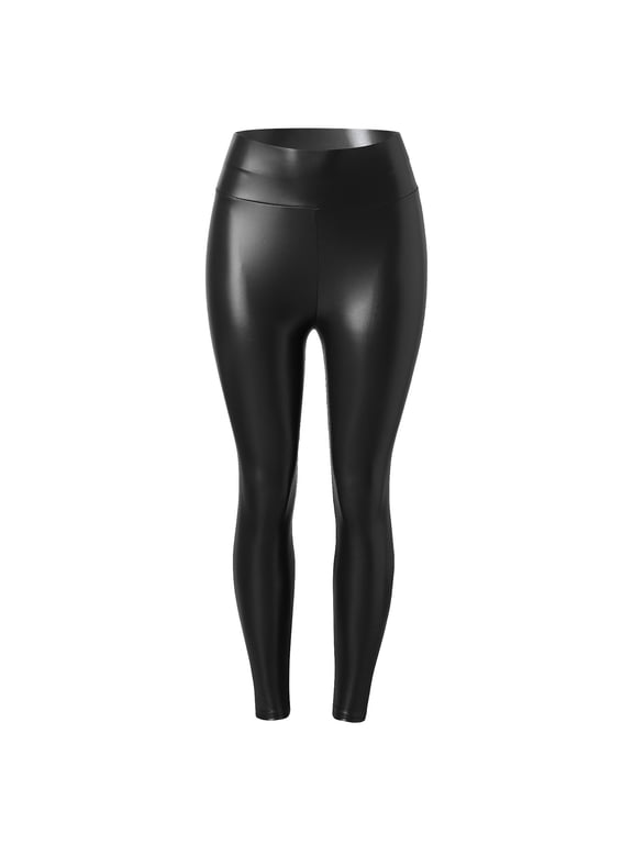 Leggings for Women 2025 New Womens High Waisted Black Faux Leather Leggings Shiny Pu Latex Leather Elastic Skinny Leggings Tummy Control Pants Dressy Seamless Stretchy Tights Fashion Pants Black Xxl