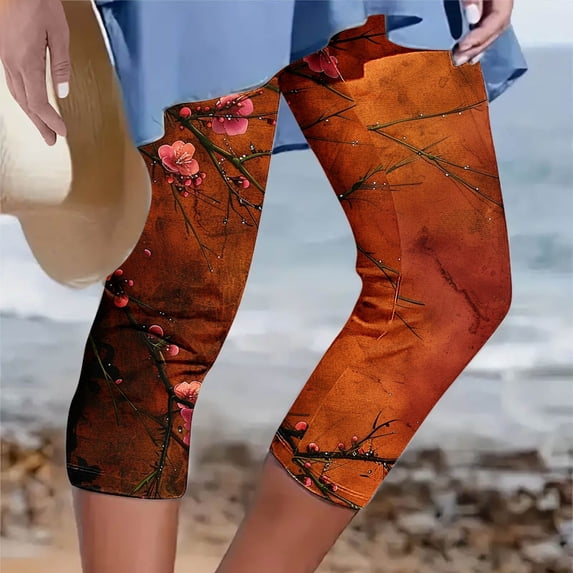 Leggings for Women under $5! Cagogo Womens Summer Capri Leggings Floral Print Plus Size Lounge Capri Leggings Athletic Gym Soft Stretchy Elastic Waist Casual Summer Knee Length Yoga Pants
