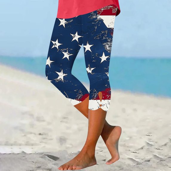 Leggings for Women under $5! Cagogo 4th of July Capri Leggings for Women Plus Size Summer Casual Stretch High Waist American Flag Yoga Pants Patriotic Cropped Athletic Workout Leggings
