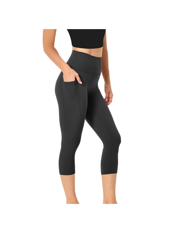 Leggings for Women under $5! Cagogo Capri Leggings for Women with Pockets No See Through Crop Capris Cycling Workout Buttery Soft High Waisted Stretch Tummy Control Crop Black Leggings