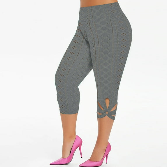 Leggings for Women under $5! Cagogo Leggings for Women Plus Size Knee Length High Waisted Butt Lift Tights Yoga Pants Stretch Soft Hollow Out Casual Summer Cropped Pants