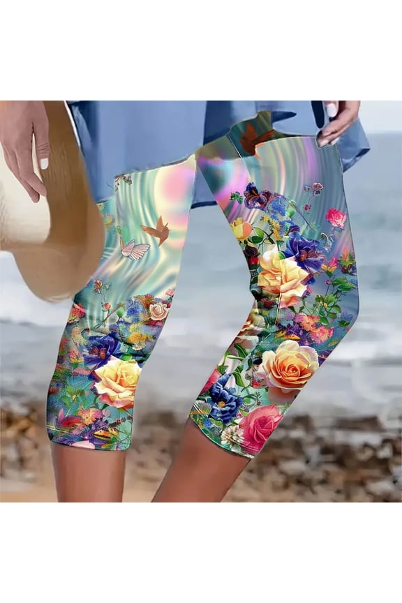 Leggings for Women under $5! Cagogo Women's Yoga Capris Floral Print Knee Length Elastic Waist Yoga Pants Athletic Gym Soft Stretchy Plus Size Casual Summer Cropped Pants