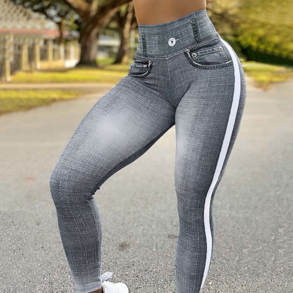 Leggings for Women Clearance!Yanyanz Women Casual Simulation Jeans Slim High Waist Elastic Leggings High Waisted Leggings for Women Denim Leggings for Women Grey M