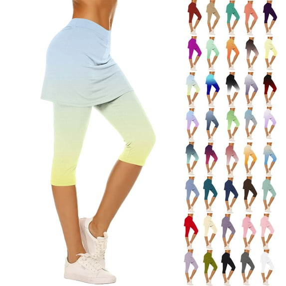 Leggings for Women Plus Size Gradient Stretchy Compressive Pants Summer Fashion Women Trendy Cropped Yoga Skirted Pants Capri Gym Leggings with Light Blue S