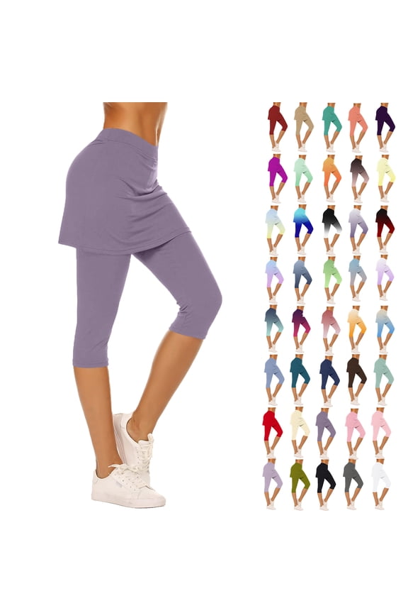 Leggings For Women Plus Size Solid Color Stretchy Compressive Pants Summer Fashion Women Trendy Cropped Yoga Skirted Pants Capri Gym Leggings With Purple color Size XL