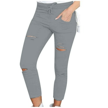 Leggings for Women Tight Elasticated Waist Slim Leg Ripped Jeans Plain Drawstring Stretchy Sports Leggings Lightweight Soft Jogging Bottoms Yoga Pants Summer Casual Leggings