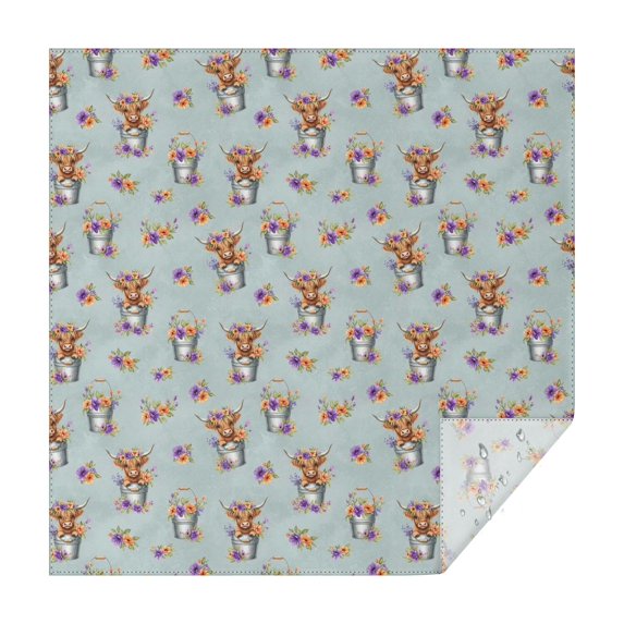 Lightblue Highland Cow Flower Bucket Pattern Square Tablecloth,Waterproof Square Table Cover,Wipeable Spillproof Washable Table Cover for Home Kitchen Party Decor 52"x52"(132x132cm)