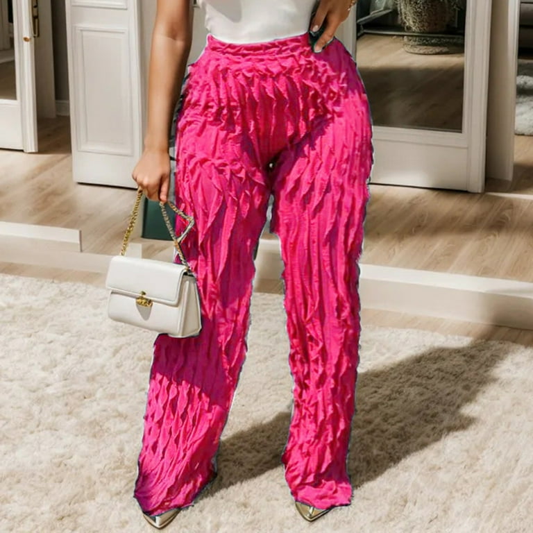 Leggings Women s Loose Wide Legged High Waisted Net Yarn Solid Color Ruffle Leisure Pants Dress Pants Plus Size Capris for Women Plus Size Capris Hot Pink M Walmart