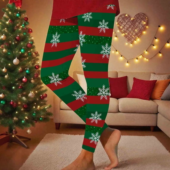 Leggings for Women Christmas Striped Print High Waist Soft Stretch Yoga Pants for Holiday Parties Workout Running Daily Lounge