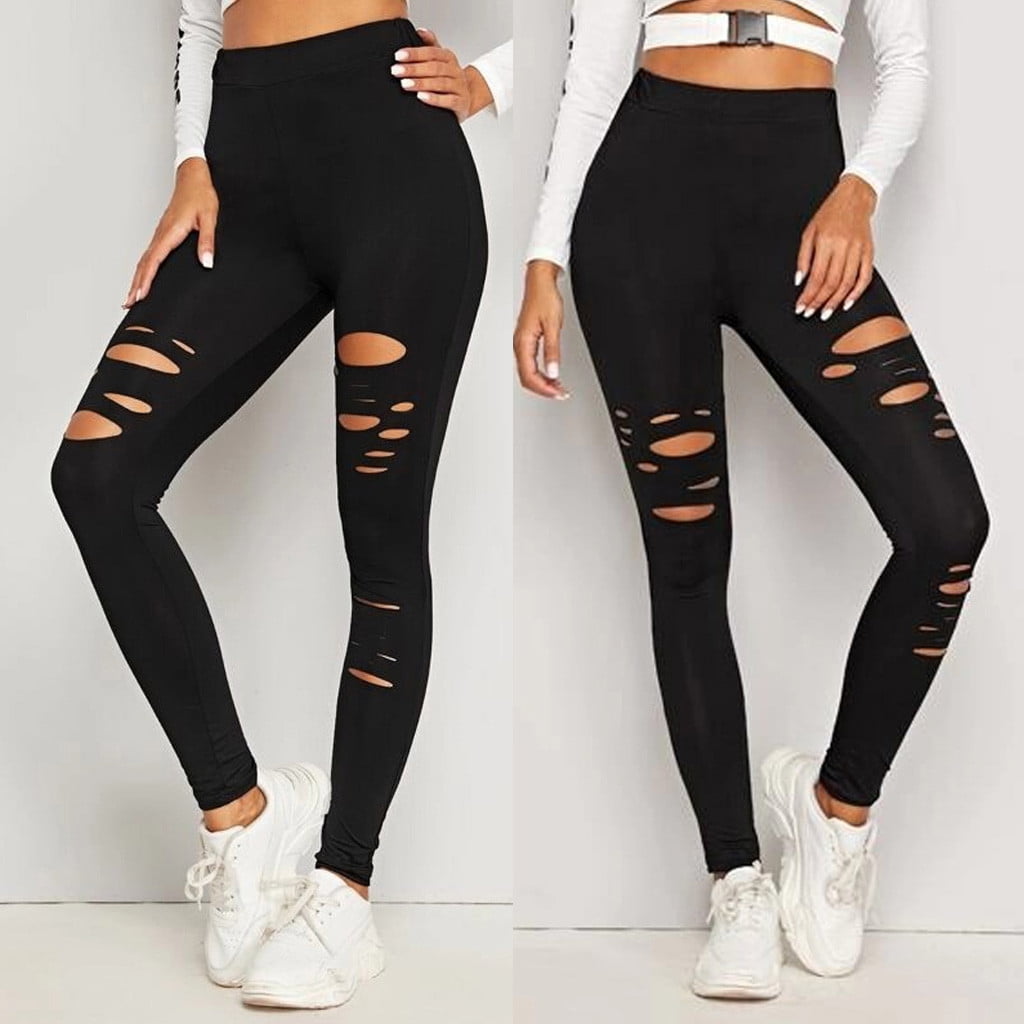Leggings for Women Dqueduo Fashion Womens Hole Solid Color Leggings Tightening Sports Casual Pants Workout Leggings for Women
